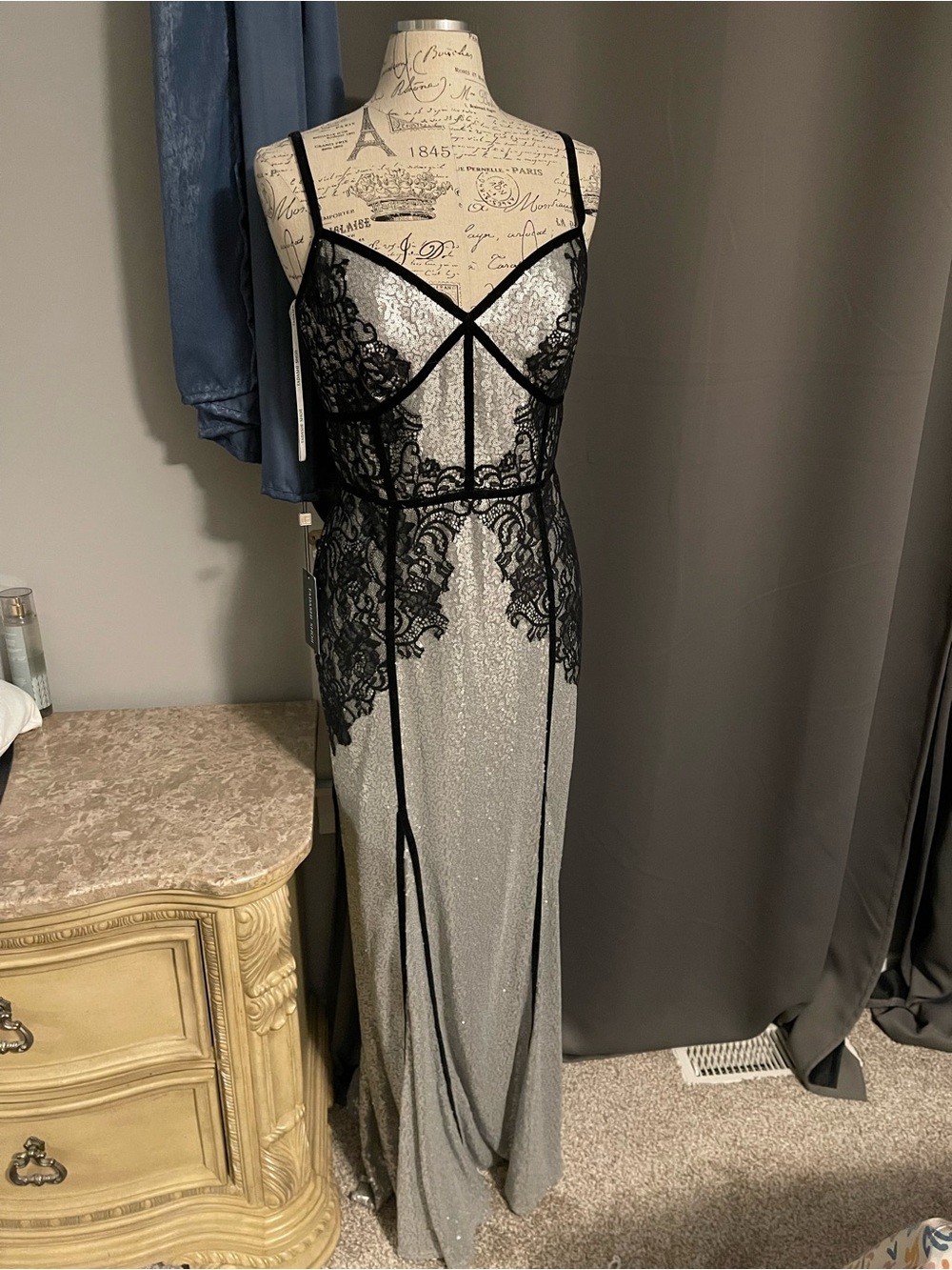 Tadashi Shoji Silver Glitter Gown with Black Lace Overlay